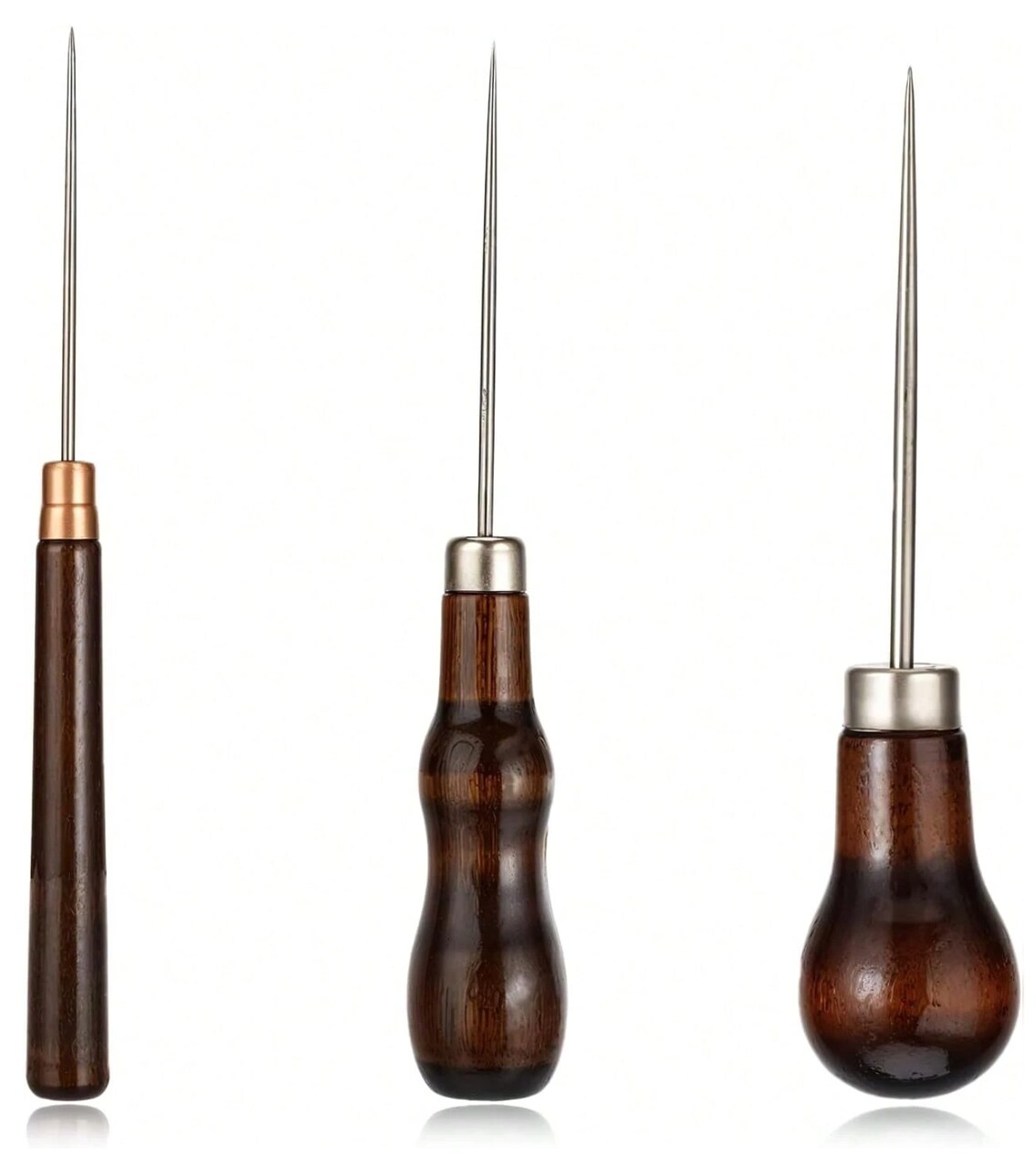 3-Piece Awl Tool Set – Wooden Handle Scratch Awl & Gourd Piercing Bradawl – Leather Punch Hole Tools for Craft, Shoe Repair & Woodworking – Reddish Brown